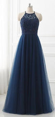 Homecomming Dresses Lace, Navy Prom Dress, Halter Neckline Evening Dress, Winter Formal Dress, Pageant Dance Dresses, Graduation School Party Gown Pc0247