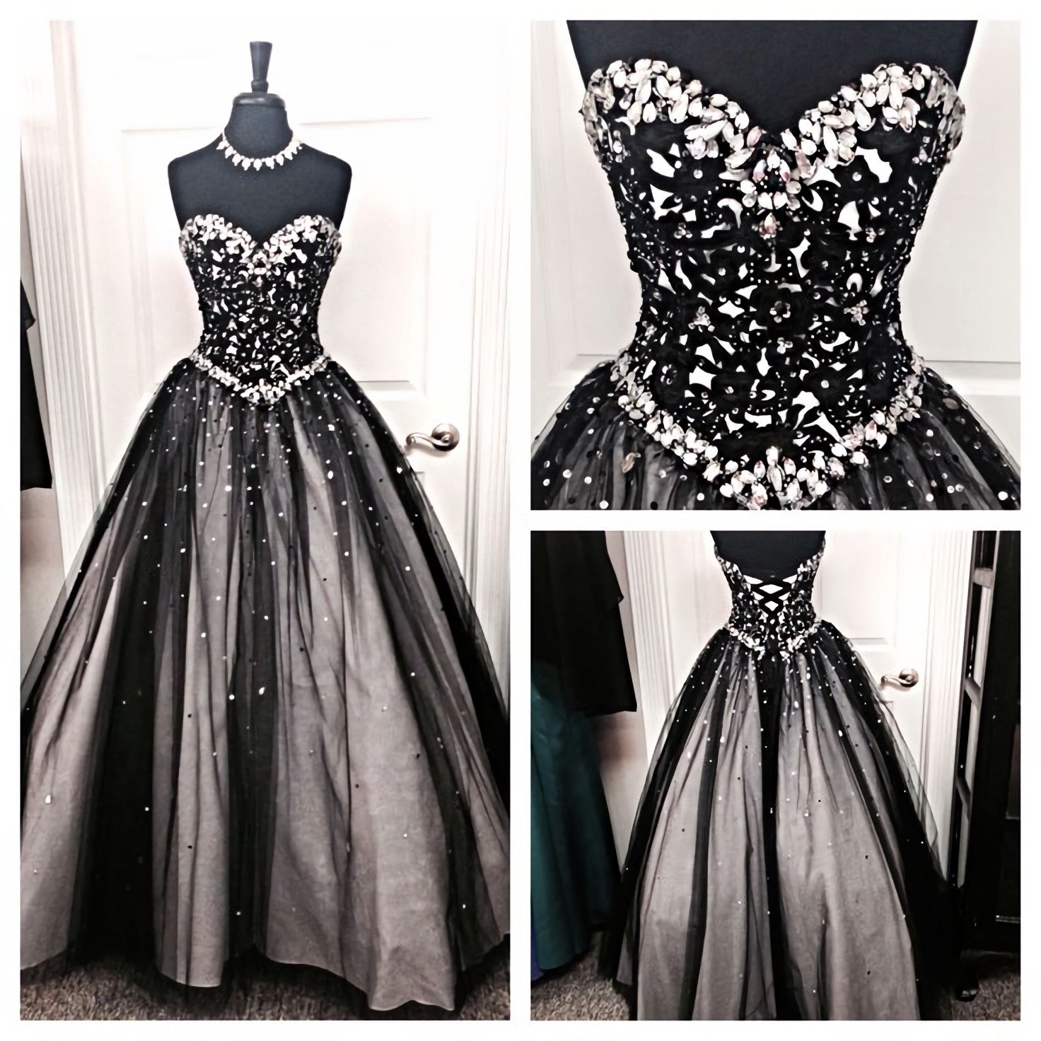 Bridesmaids Dresses Cheap, Black White Tulle Long Sweetheart Beaded Bodice For Teens Juniors Prom Dresses