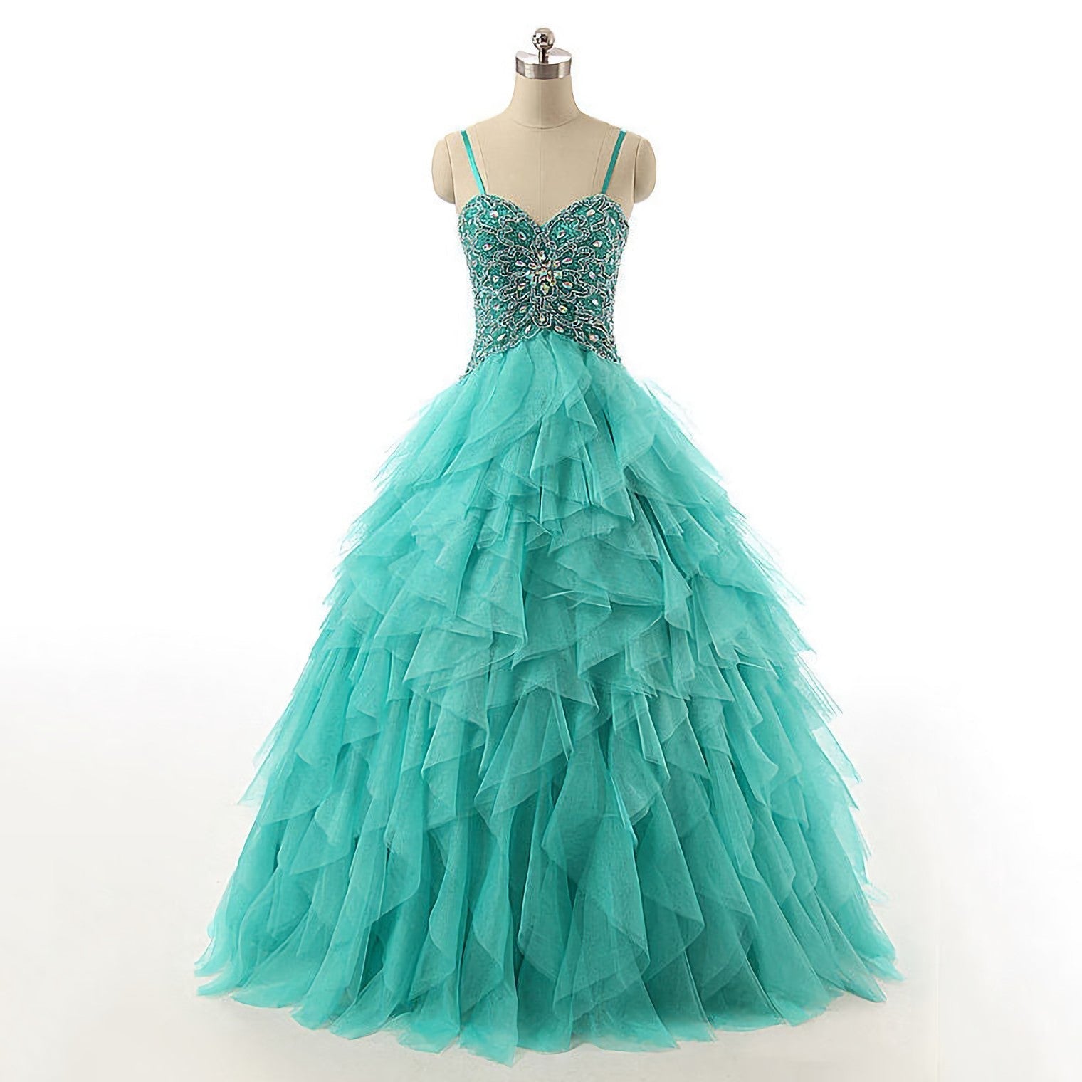 Party Dress Ball, Spaghetti Straps Lace Up Beaded Long Prom Dress, Crystal Turquoise Ball Gown Prom Dress, Cascading Ruffles Tulle Prom Dress