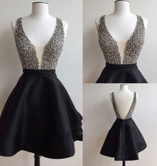 Party Dress Hijab, Black Satin V-back Rhinestone Little Black Juniors Homecoming Dresses