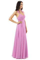 Evening Dresses Knee Length, Purple Chiffon Halter Backless With Pleats Bridesmaid Dresses