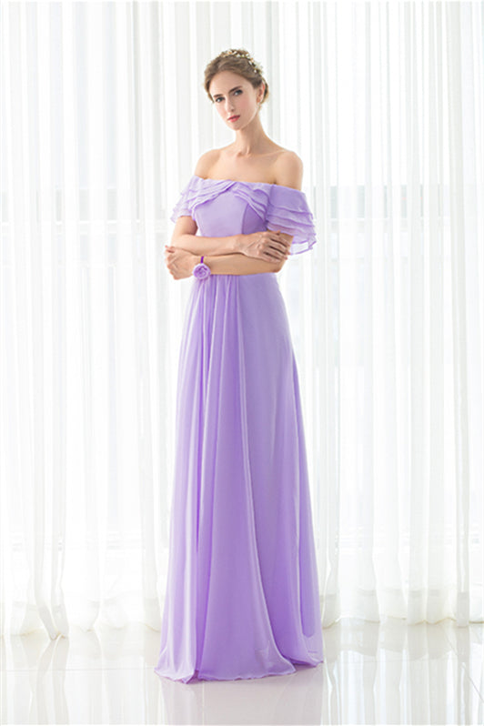 Prom Dress Shorts, Purple Chiffon Off The Shoulder Long Bridesmaid Dresses