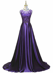 Weddings Dresses Style, Purple Long Round Neckline Prom Dress, Satin Wedding Party Dress