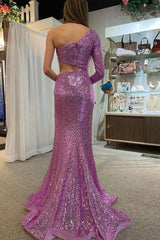 Purple One Shoulder Cut Out Mermaid Prom Dress