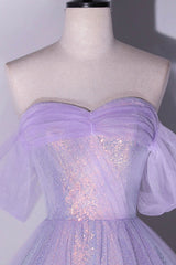 Party Dress Look, Purple Sequins Long A-Line Prom Dress, Off the Shoulder Evening Party Dress