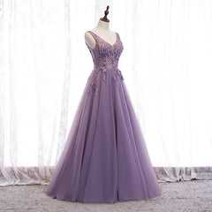 Homecoming Dress Beautiful, Purple V-neckline Tulle with Lace Floor Length Party Dress Evening Dress,Purple Prom Dress