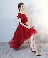 Bridesmaid Dresses Mismatched Colors, Burgundy Lace High Low Short Prom Dress, Lace Evening Dress