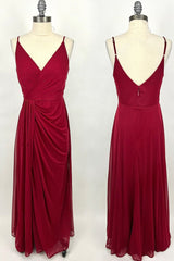 Bridesmaid Propos, Wine Red Ruched V Neck Long Bridesmaid Dress