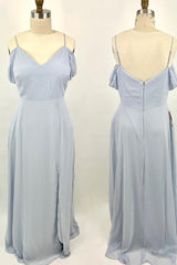 Bridesmaids Dresses Wedding, Off the Shoulder Light Blue Chiffon Long Bridesmaid Dress