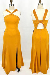 Homecoming Dresses Classy Elegant, Cross Straps Mustard Yellow Chiffon Long Bridesmaid Dress with Slit