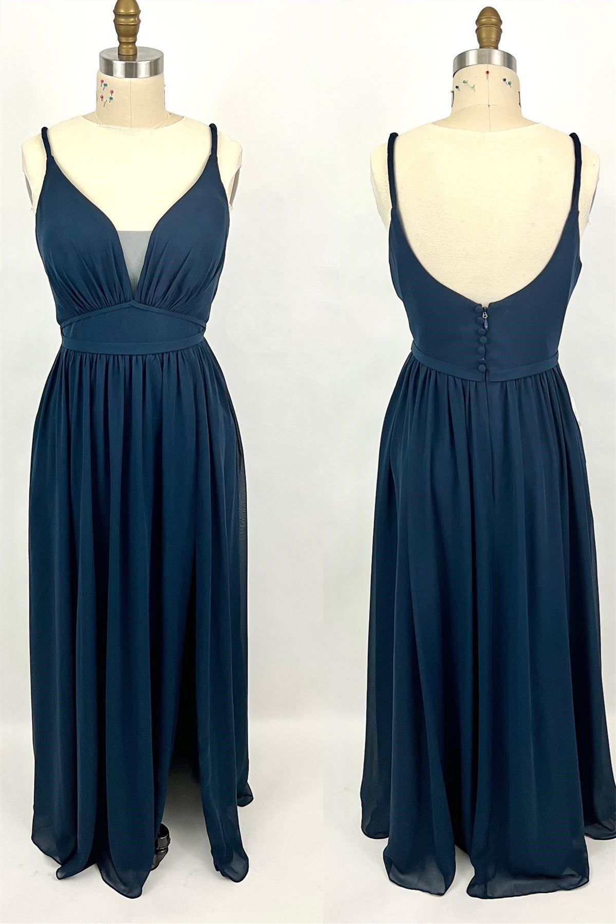 Bridesmaids Dress Shopping, Navy Blue Chiffon A-line Long Bridesmaid Dress with Buttons