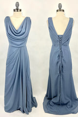 Homecoming Dress Cute, Cowl Neck Misty Blue Chiffon A-line Long Bridesmaid Dress