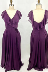 Black Tie Wedding Guest Dress, Ruffles Purple Chiffon A-line Long Bridesmaid Dress