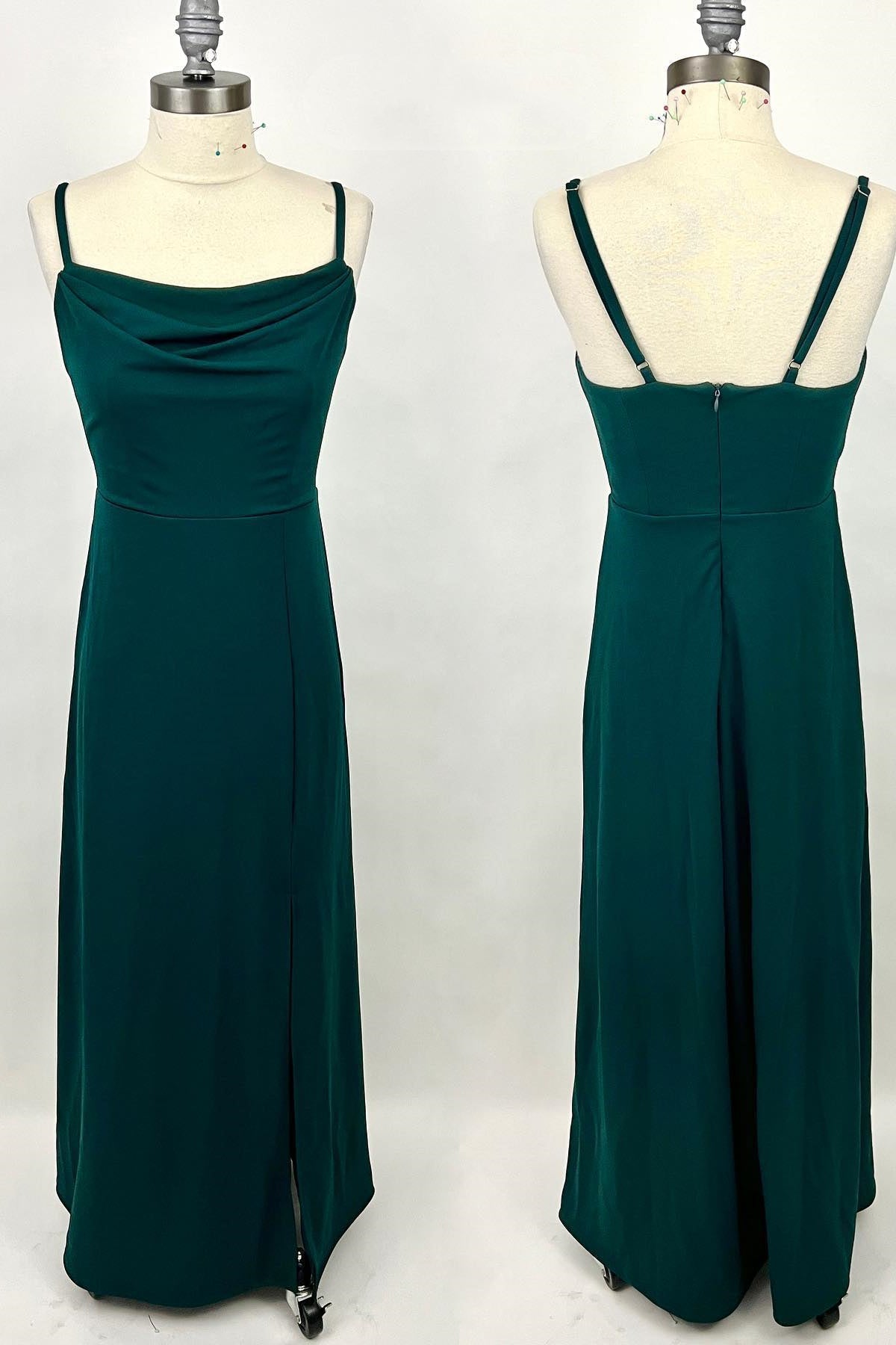 Homecoming Dress 2032, Dark Green Cowl Neck Straps Chiffon Long Bridesmaid Dress