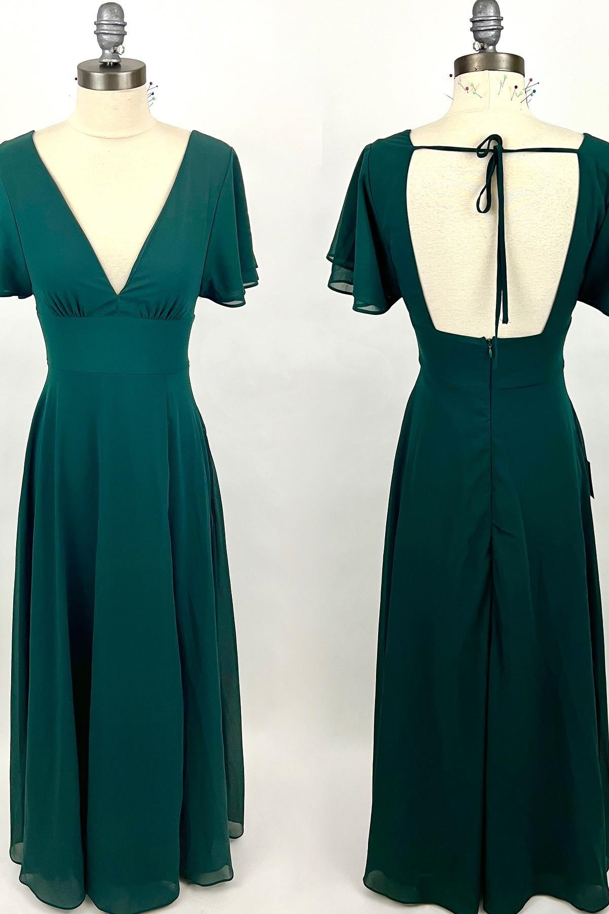 Formal Dresses Wedding, Flounce Sleeves Green Chiffon V Neck Long Bridesmaid Dress