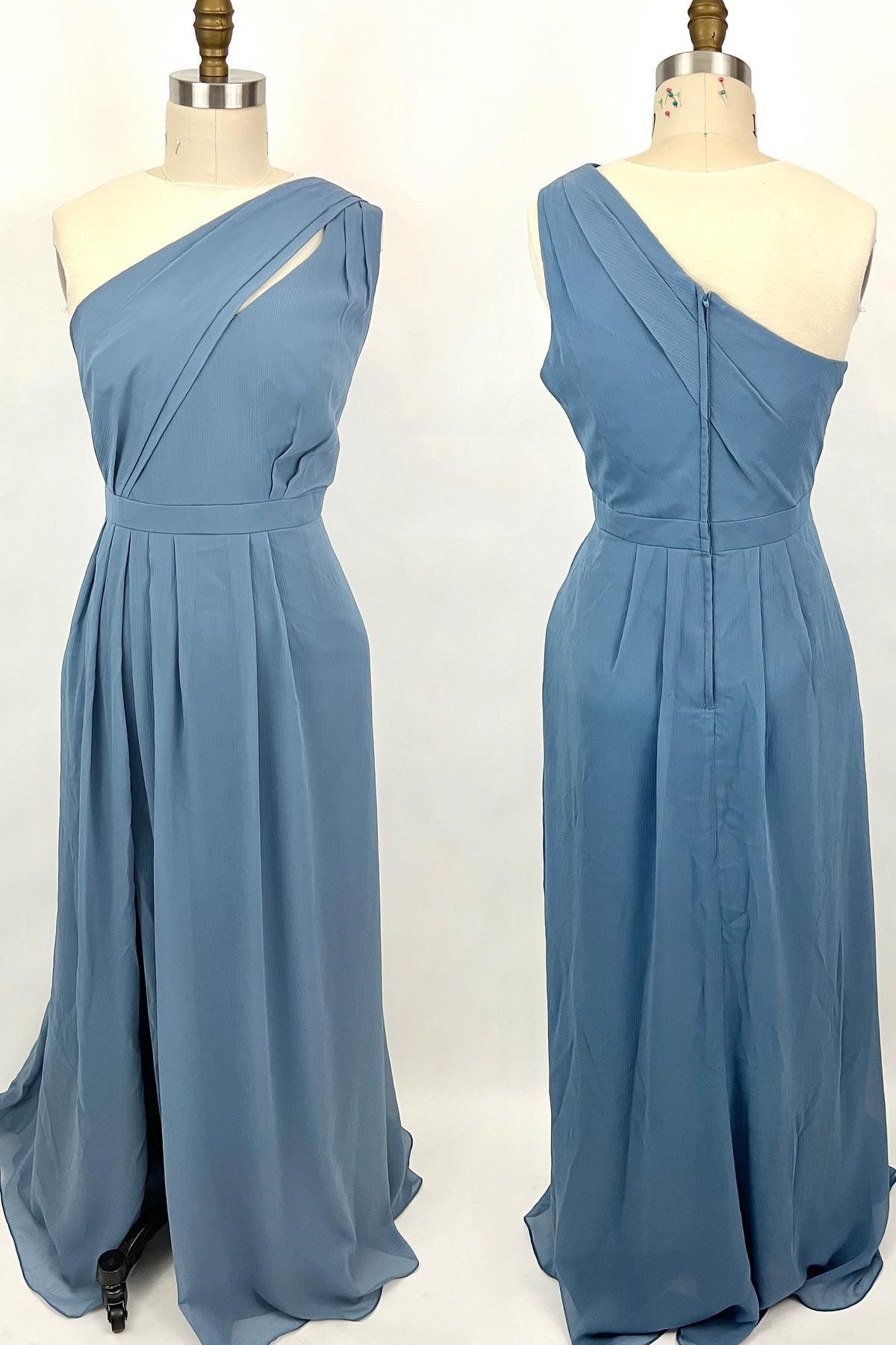 Fairytale Dress, One Shoulder Misty Blue Chiffon A-line Long Bridesmaid Dress