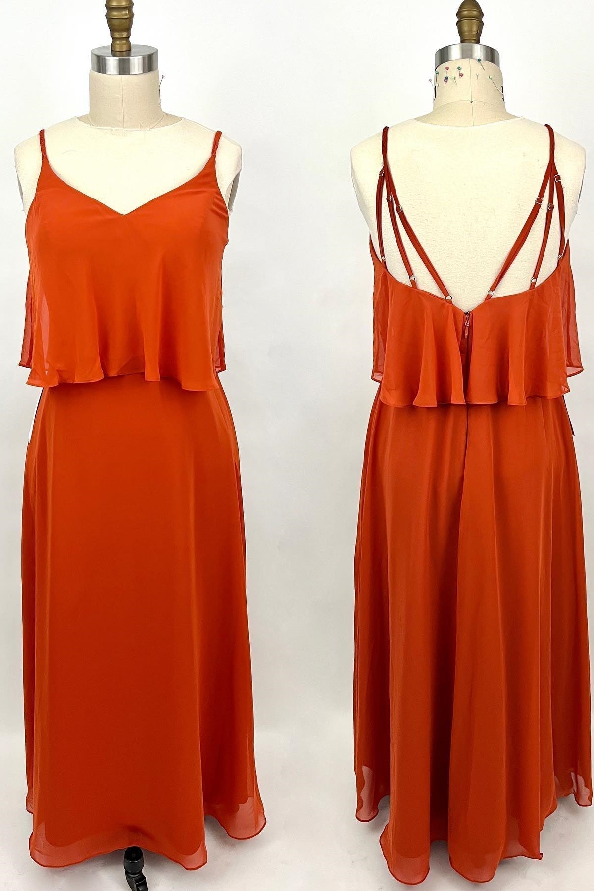 Party Dress White, Straps Flounce Orange Chiffon Long Bridesmaid Dress