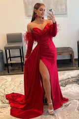 Red Detachable Long Sleeves Long Prom Dress with Feathers