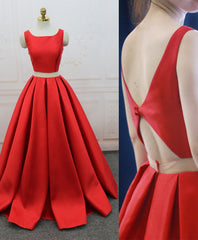 Evening Dress Red, Red Satin Two Pieces Long Prom Dress Red Long Evening Dress