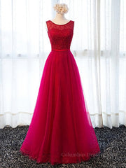 Prom Dress Long Elegant, Round Neck Burgundy Beaded Prom Dresses, Wine Red Beaded Formal Evening Bridesmaid Dresses