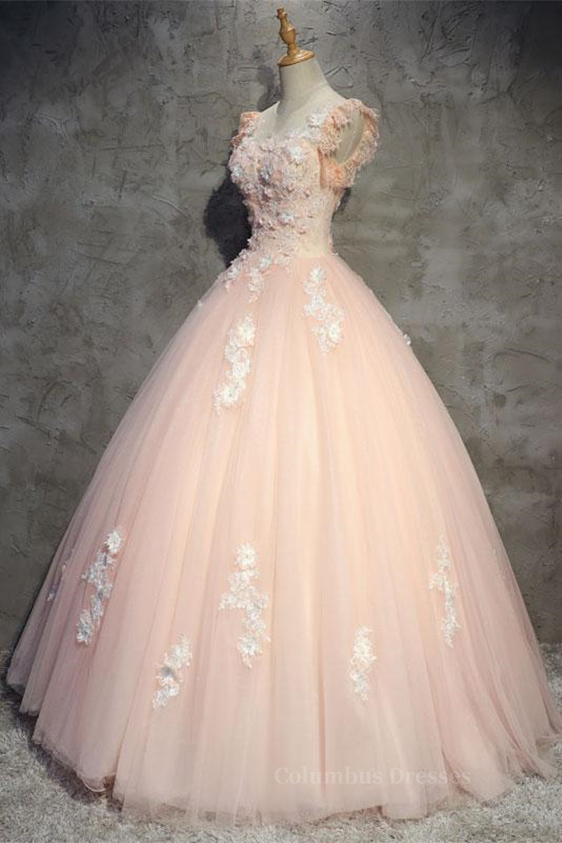 Party Dress Brands, Round Neck Cap Sleeves Lace Pink Long Prom Dress, Pink Lace Formal Dress, Pink Evening Dress, Ball Gown