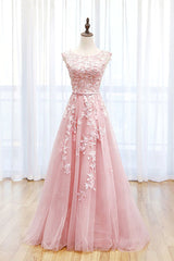 Prom Dress Curvy, Round Neck Pink Lace Prom Dresses, Pink Lace Long Formal Evening Dresses