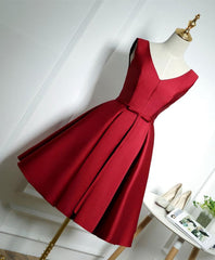 Blue Bridesmaid Dress, Simple Burgundy Satin V Neck Short Prom Dress, Evening Dress