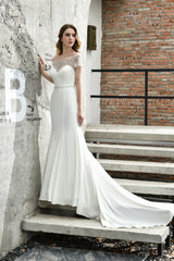 Wedding Dress Under 5010, Satin Beaded Boat Neck Cap Sleeve Mermaid Wedding Dresses