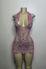 Sequined Mermaid Halter Jersey Beading Sleeveless Mini Rhinestone Party Dress With Feather