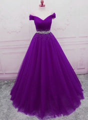 Party Dresses Long Sleeved, Sequins Sweetheart Long Party Dress, Purple Tulle Evening Gown