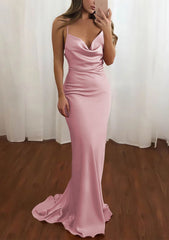 Party Dress Outfits Ideas, Sheath/Column Cowl Neck Spaghetti Straps Sweep Train Satin Prom Dress