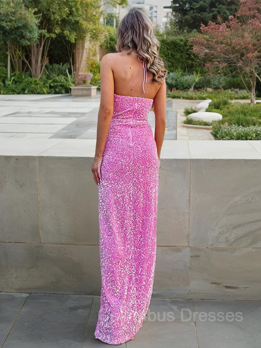 Party Dress Code Idea, Sheath/Column Halter Floor-Length Velvet Sequins Prom Dresses With Leg Slit