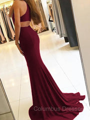 Long Sleeve Wedding Dress, Sheath/Column Halter Sweep Train Jersey Prom Dresses With Leg Slit