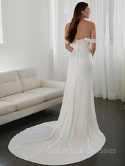 Wedding Dresses For Bride And Groom, Sheath/Column Off-the-Shoulder Court Train Charmeuse Wedding Dresses With Leg Slit