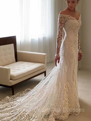 Weddings Dresses Uk, Sheath/Column Off-the-Shoulder Court Train Lace Wedding Dresses With Appliques Lace