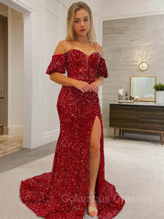 Evening Dresses Store, Sheath/Column Off-the-Shoulder Court Train Velvet Sequins Prom Dresses With Leg Slit