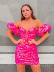 Homecoming Dressed Short, Sheath/Column Off-the-Shoulder Short/Mini Sequins Homecoming Dresses