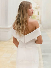 Wedding Dresses Open Back, Sheath/Column Off-the-Shoulder Sweep Train Stretch Crepe Wedding Dresses With Leg Slit