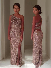 Prom Dress Sweetheart, Sheath/Column One-Shoulder Floor-Length Sequins Prom Dresses With Leg Slit