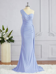 Gold Prom Dress, Sheath/Column One-Shoulder Sweep Train Jersey Bridesmaid Dresses