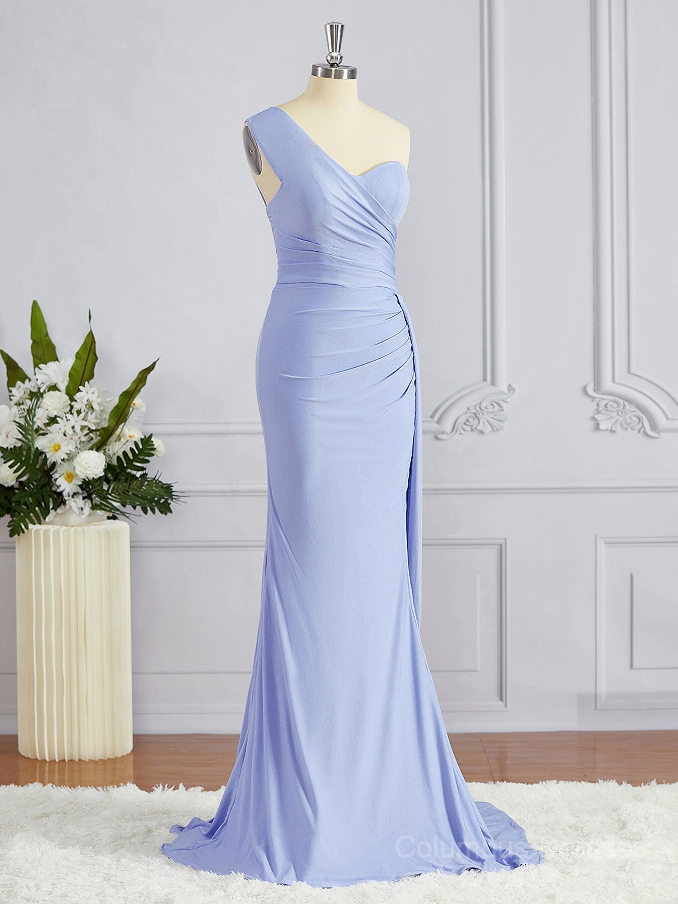 Dream, Sheath/Column One-Shoulder Sweep Train Jersey Bridesmaid Dresses