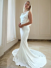 Wedding Dresses Outfit, Sheath/Column Scoop Court Train Silk like Satin Wedding Dresses