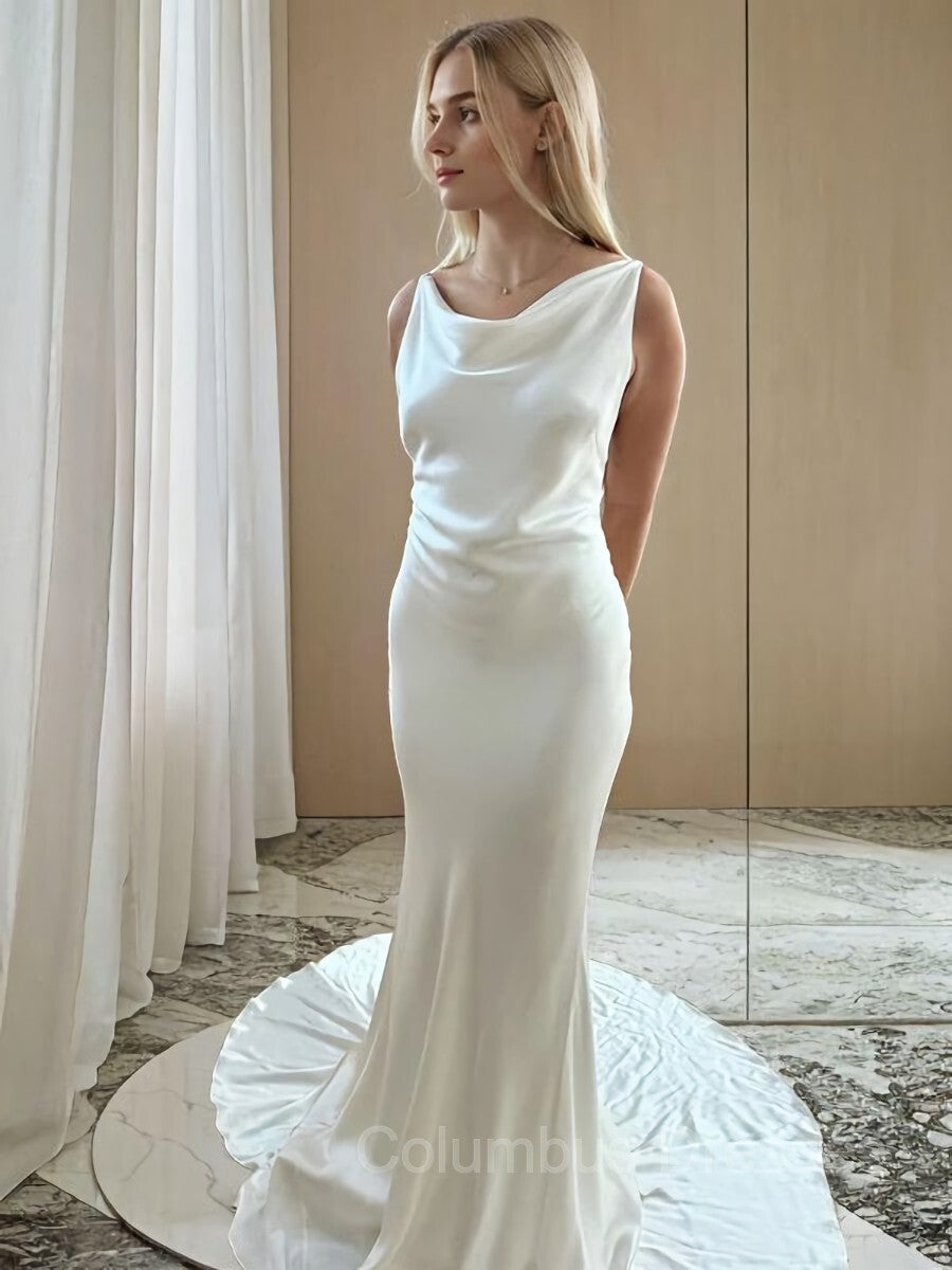 Wedding Dresses Inspiration, Sheath/Column Scoop Court Train Silk like Satin Wedding Dresses