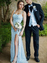 Evening Dresses Stunning, Sheath/Column Straps Sweep Train Tulle Prom Dresses With Leg Slit