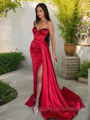 Semi Dress, Sheath/Column Sweetheart Sweep Train Elastic Woven Satin Prom Dresses With Leg Slit