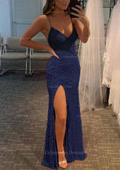 Homecoming Dress Elegant, Sheath/Column V Neck Spaghetti Straps Long/Floor-Length Velvet Sequins Prom Dress With Split