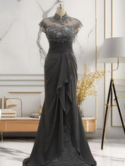 Prom Dress Long Open Back, Sheath High Neck Short Sleeves Ruffles Sweep Train Chiffon Mother of the Bride Dress