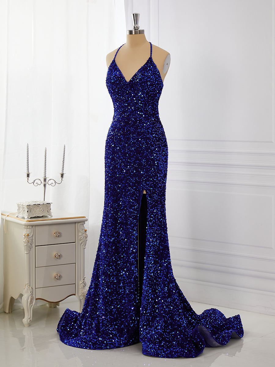 Party Dresses For Weddings, Sheath Velvet Sequins V-neck Sweep Train Dress