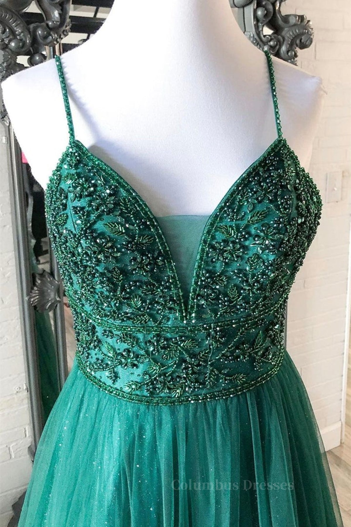 Bridesmaid Dress Long, Shiny V Neck Backless Beaded Green Tulle Long Prom Dress, Green Lace Formal Dress, Beaded Evening Dress