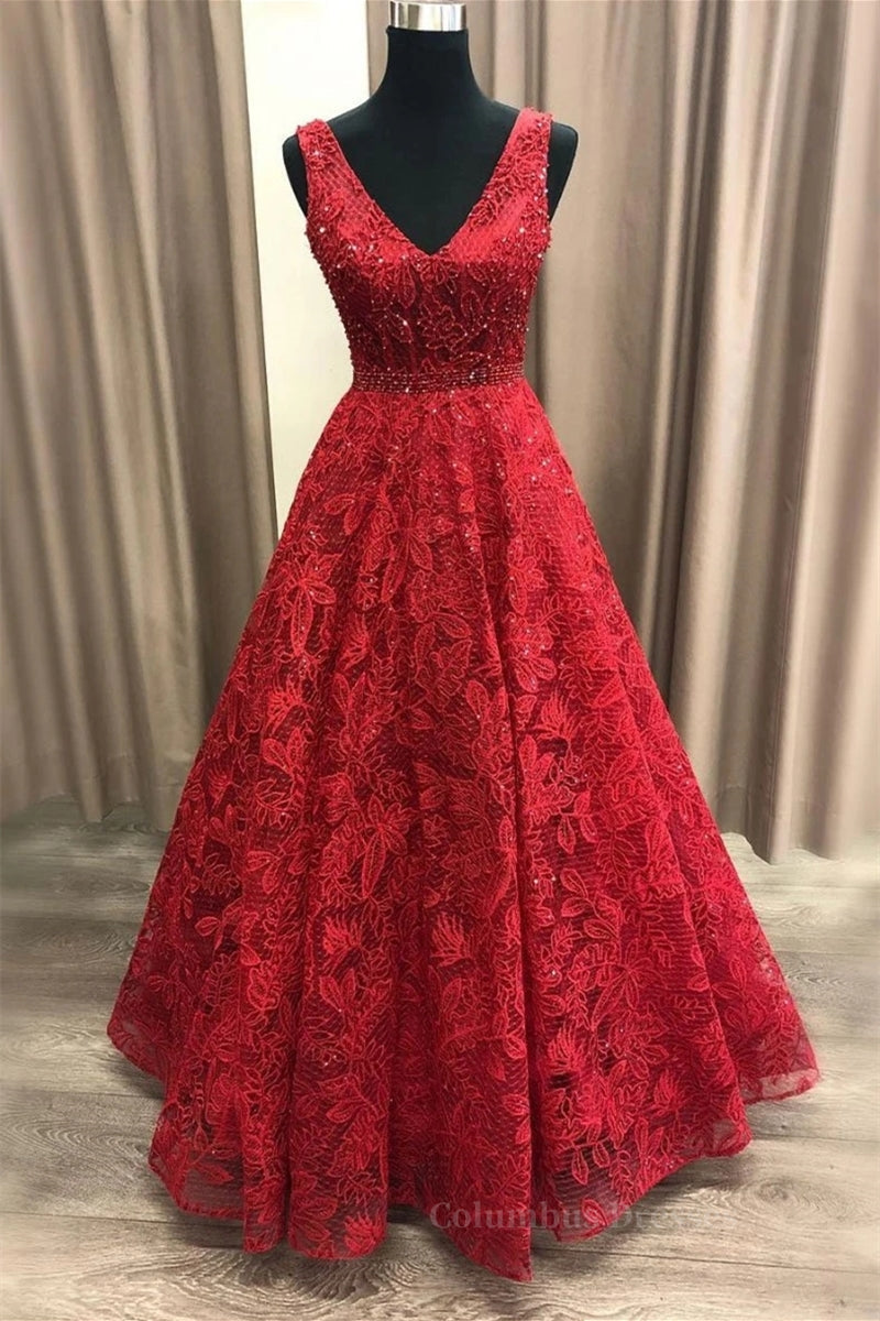 Formal Dress Shops Near Me, Shiny V Neck Burgundy Lace Long Prom Dress, Burgundy Lace Formal Dress, Sparkly Burgundy Evening Dress